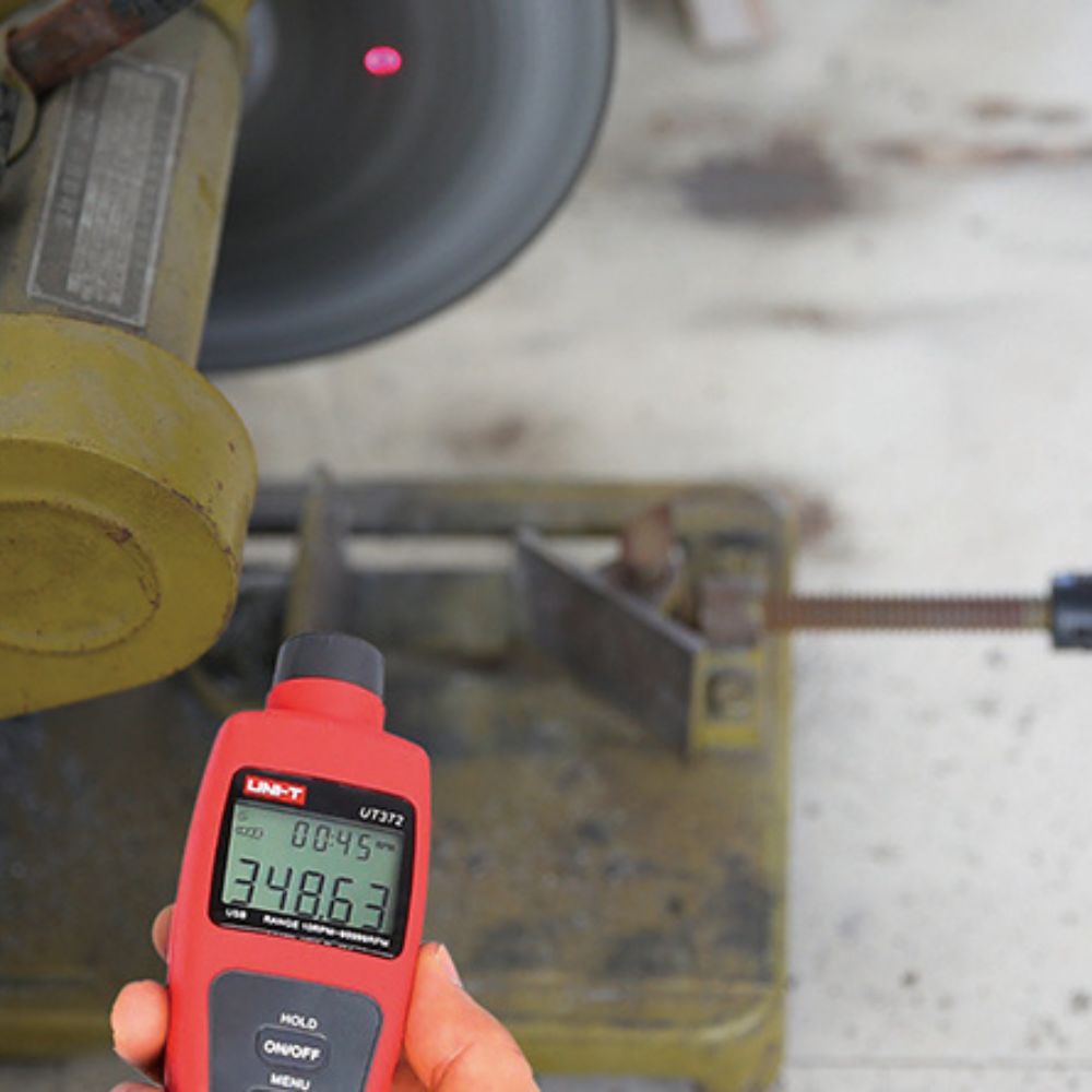 UNI-T UT371 Non-Contact Laser Tachometer Measuring Industrial Grinder RPM Speed - Motor Fan Tach Tool Reflective Tape Application.