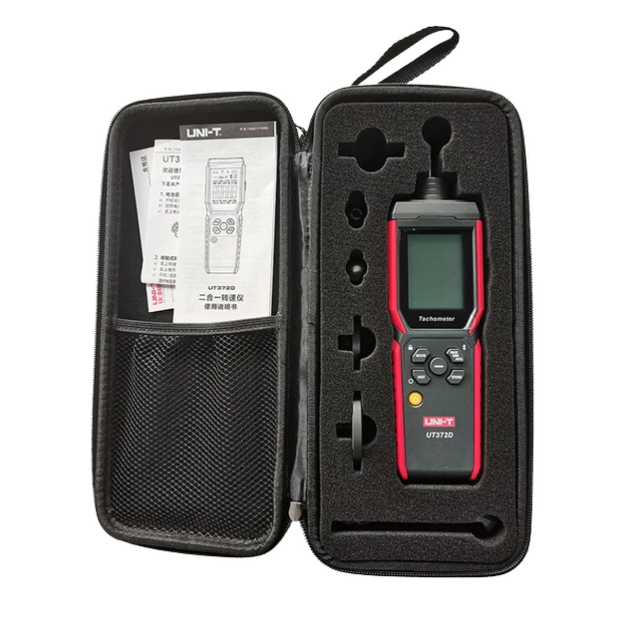 UNI-T UT372D Digital Laser Tachometer Non-Contact RPM Sensor: Neatly Arranged in Protective Carrying Pouch Portable Industrial Handheld Tool.