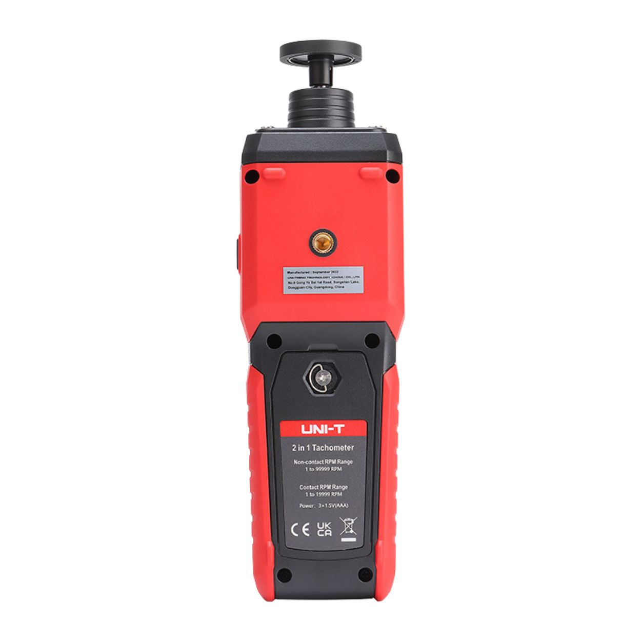 UNI-T UT372D 2-in-1 Contact Laser Tachometer Speed Gauge: Back Side View with Tripod Mounting Hole for Stable RPM Measurement on Machinery.