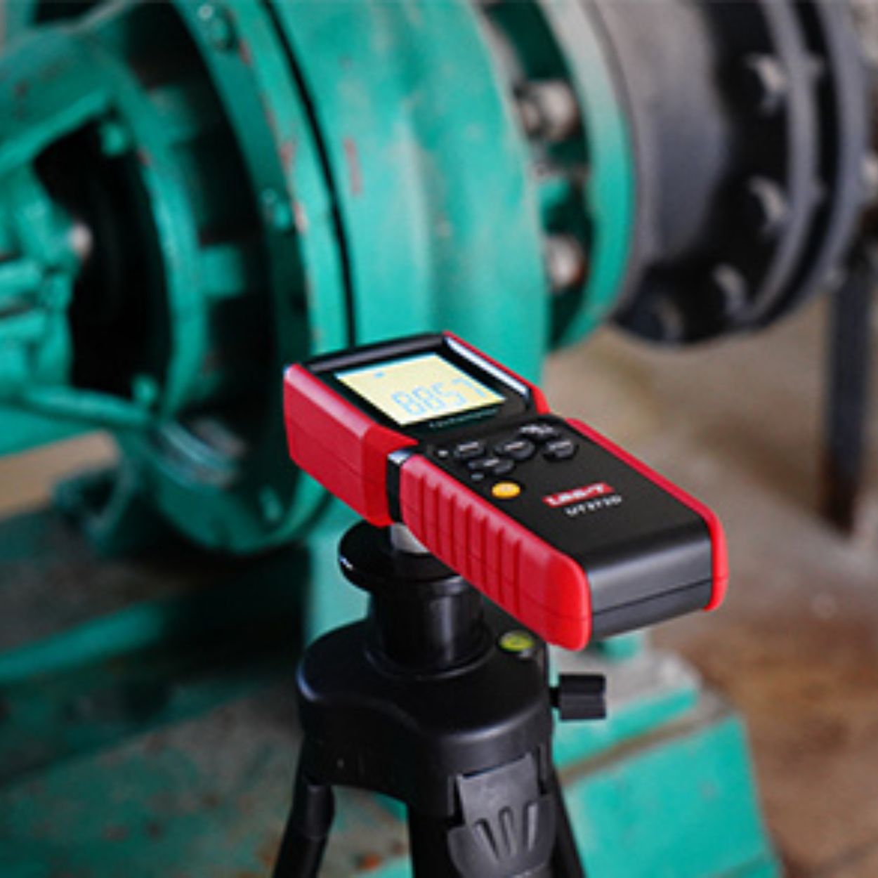 UNI-T UT372D 2-in-1 Laser RPM Tachometer Heavy Duty Shaft Rotation Meter: Measuring Large Drive Shaft Assembly Motor Pulley RPM in Workshops.