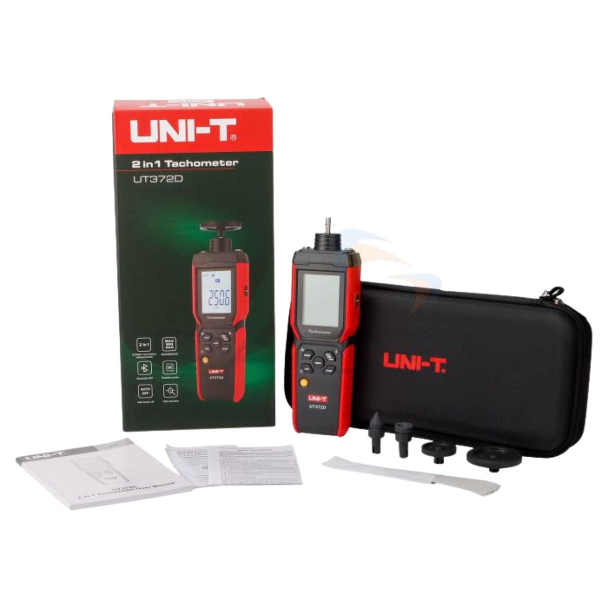 UNI-T UT372D 2-in-1 Laser Contact Tachometer RPM Gauge Kit: Full Accessory Set with Case Reflective Tape for Industrial Speed Measurement.