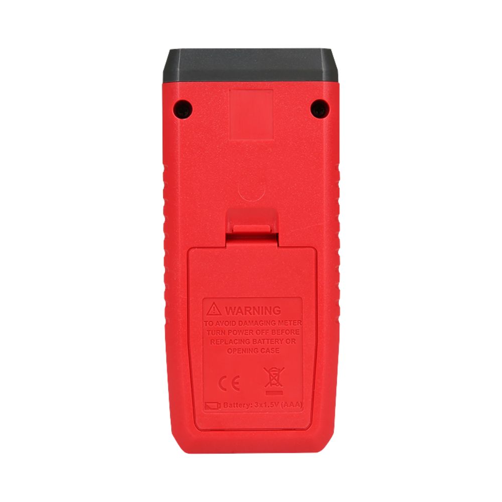 UNI-T UT373 Mini Laser Tachometer Back View Battery Compartment - Compact RPM Speed Gauge Easy Battery Access Field Maintenance.