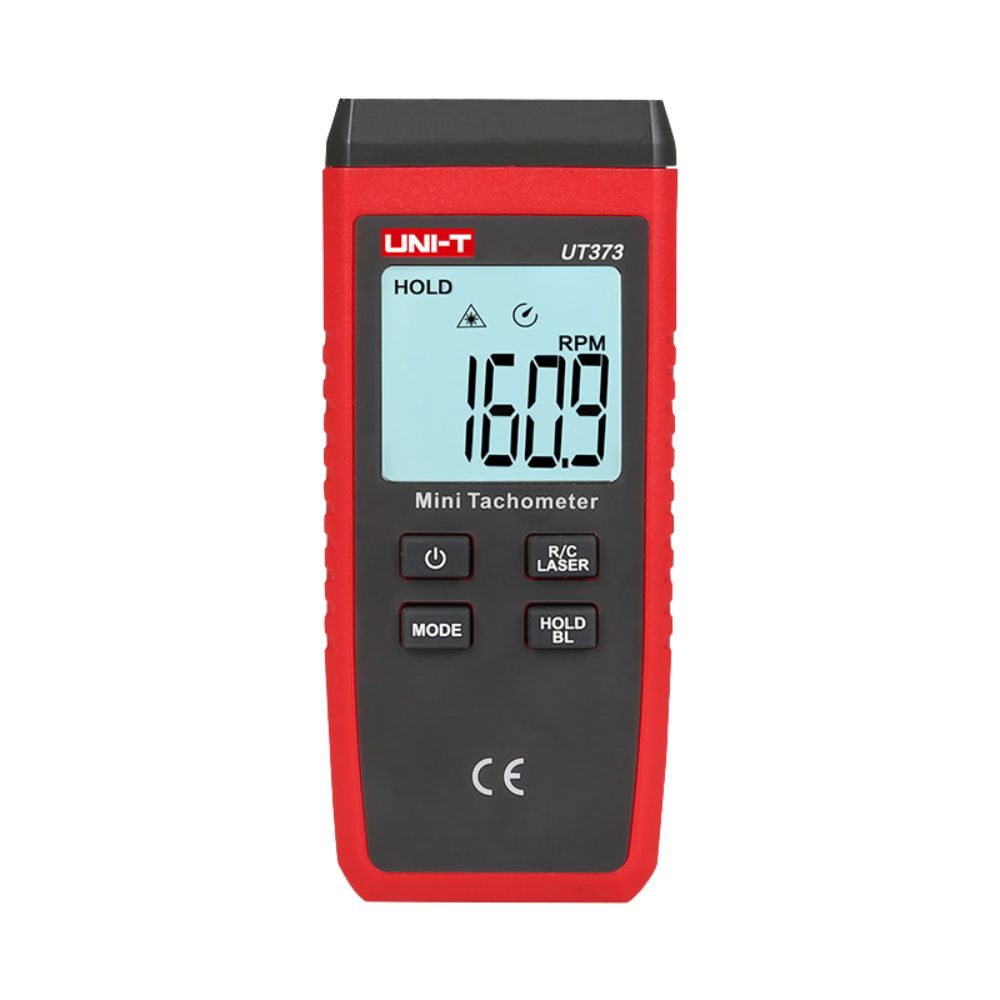 UNI-T UT373 Mini Laser Tachometer RPM Meter Front View - Compact Non-Contact Speed Gauge Digital Display Industrial Tool.