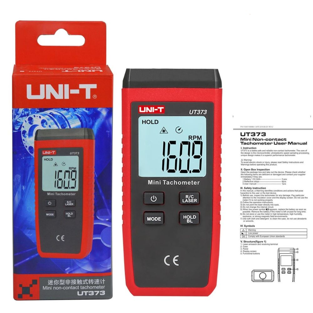 UNI-T UT373 Mini Tachometer Complete Package Reflective Tape AAA Batteries Case - Non-Contact RPM Speed Measurement Kit.