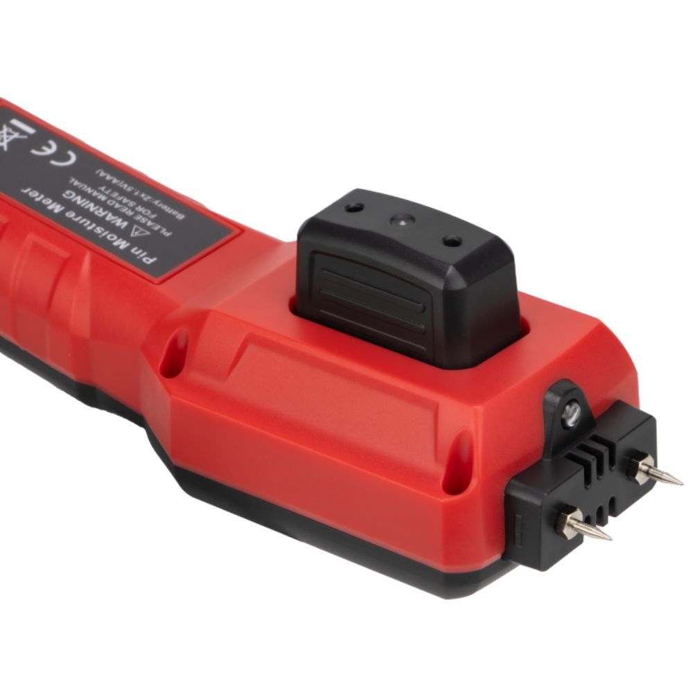 UNI-T UT377B digital moisture tester back view with protective cap storage slot, rugged pin moisture meter for wood furniture walls, handheld hygrometer design for field construction use Sri Lanka