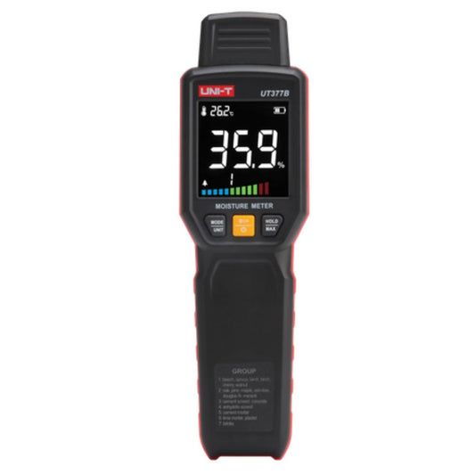 UNI-T UT377B digital wood moisture meter pin-type tester front view, backlit LCD display showing 35.9% wood moisture reading with bar graph and temperature, protective safety cap on for construction damp check
