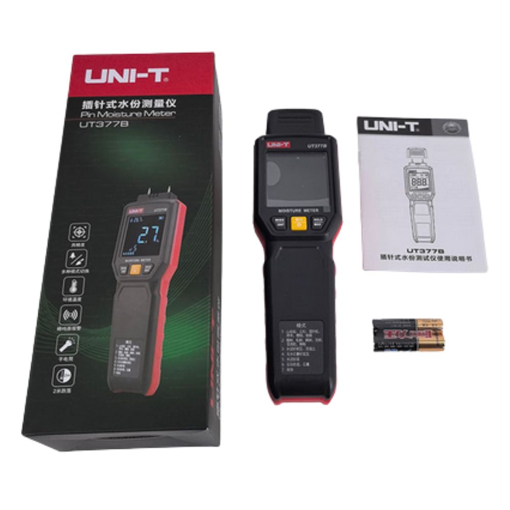 UNI-T UT377B pin moisture meter full kit for wood walls building materials, retail box packaging, user manual, AA batteries included, dampness tester hygrometer for carpenters builders Sri Lanka