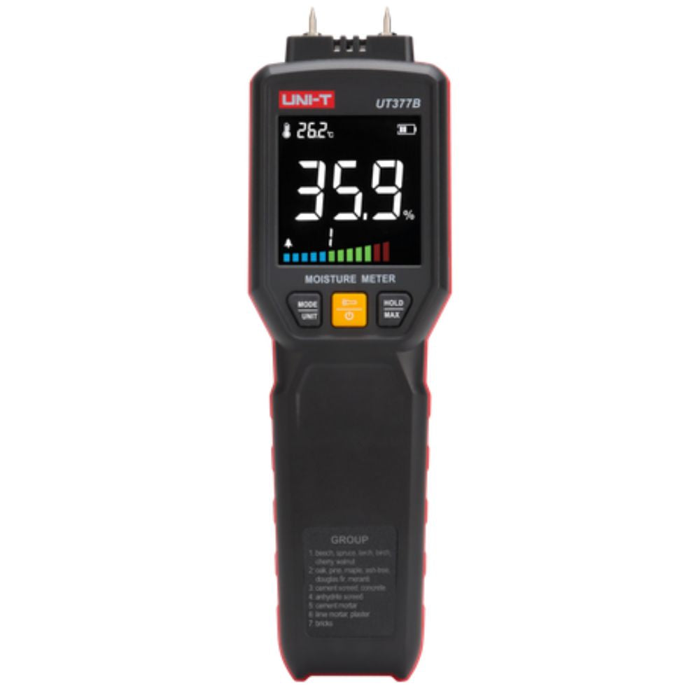 UNI-T UT377B pin-type moisture meter front view probes exposed, sharp stainless steel measuring pins for wood wall building material penetration, digital damp meter closeup for accurate timber testing
