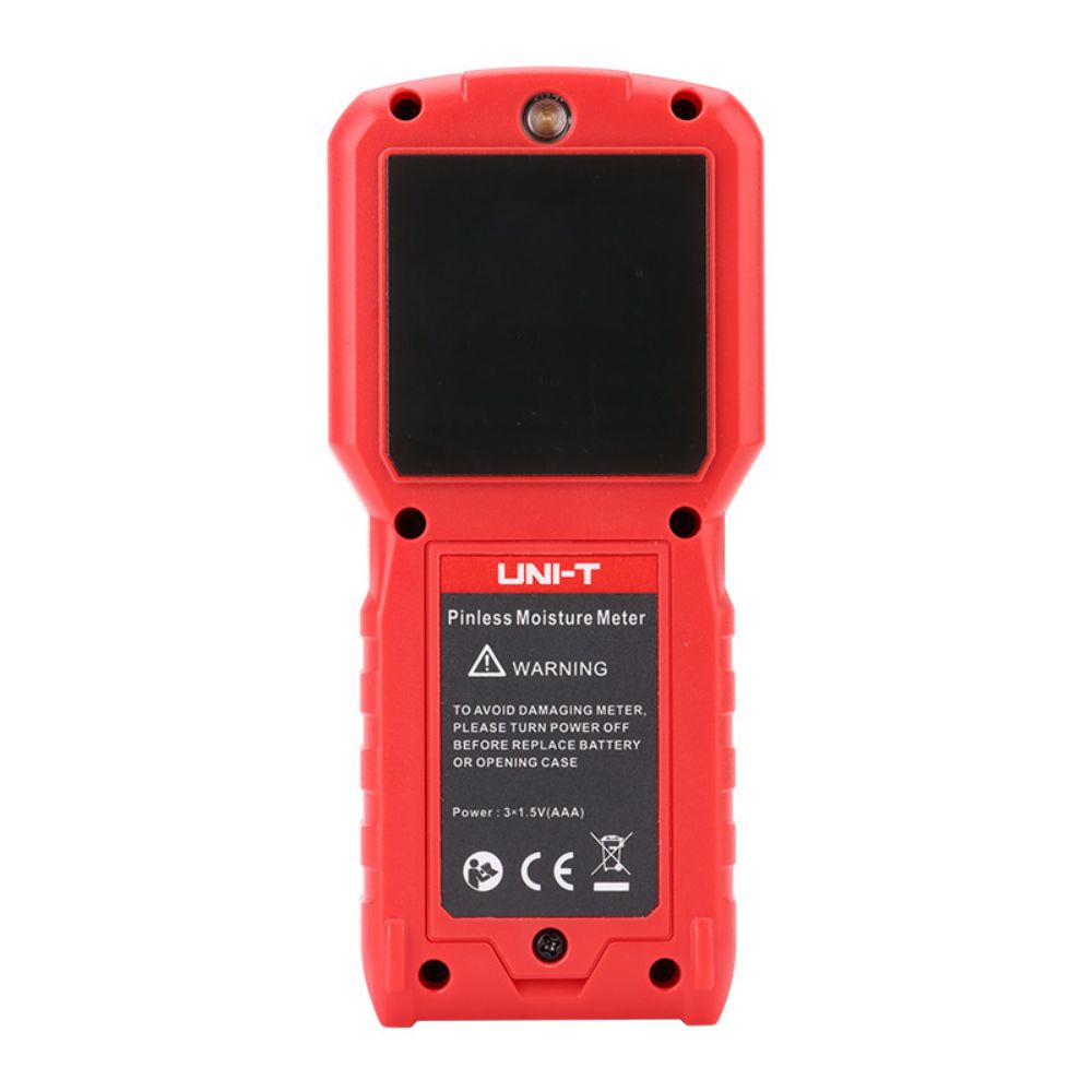 UNI-T UT377C pinless moisture meter back view showing black square sensor pad, battery change safety warnings, non-contact hygrometer design for wood building material scanning