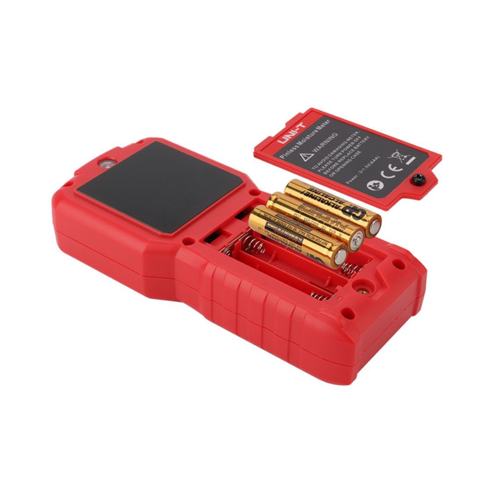 UNI-T UT377C pinless moisture tester back view battery compartment open, AA batteries visible, easy battery replacement for continuous field use by contractors inspectors