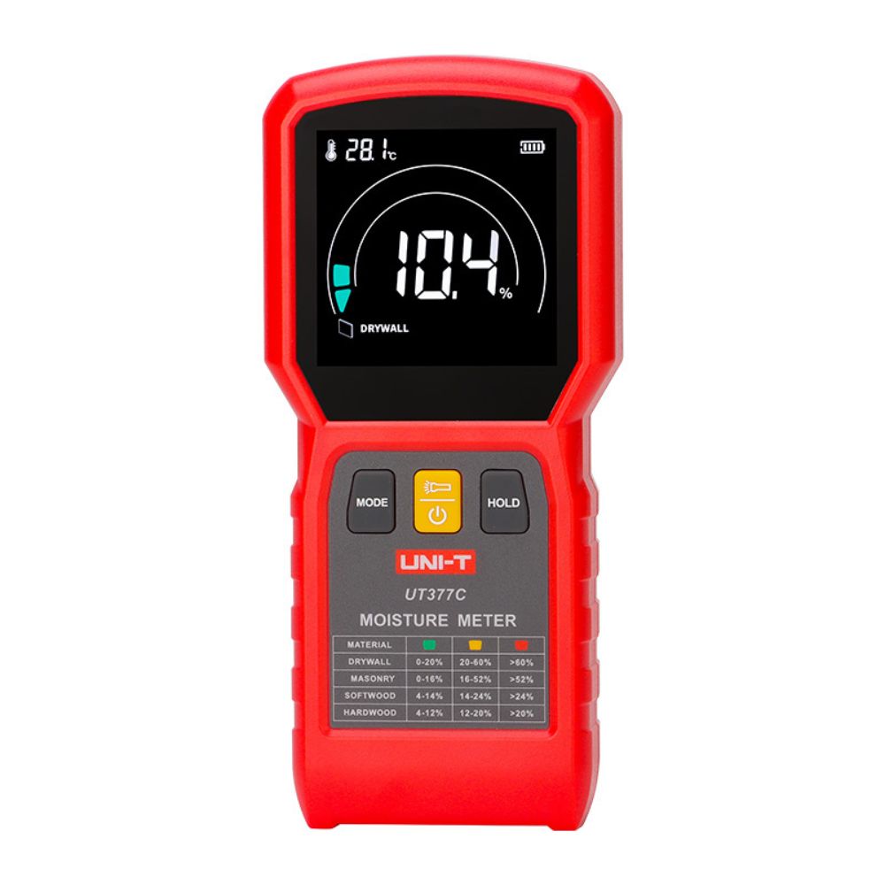 UNI-T UT377C pinless moisture meter front view drywall mode selected, backlit LCD showing 10.4% moisture reading, non-destructive wood wall damp detector for construction inspection