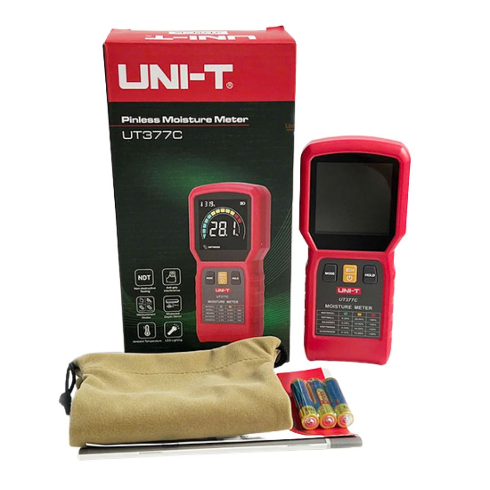 UNI-T UT377C pinless moisture meter complete kit, retail box packaging, soft carrying case, user manual, calibration certificate, non-invasive hygrometer for builders carpenters Sri Lanka