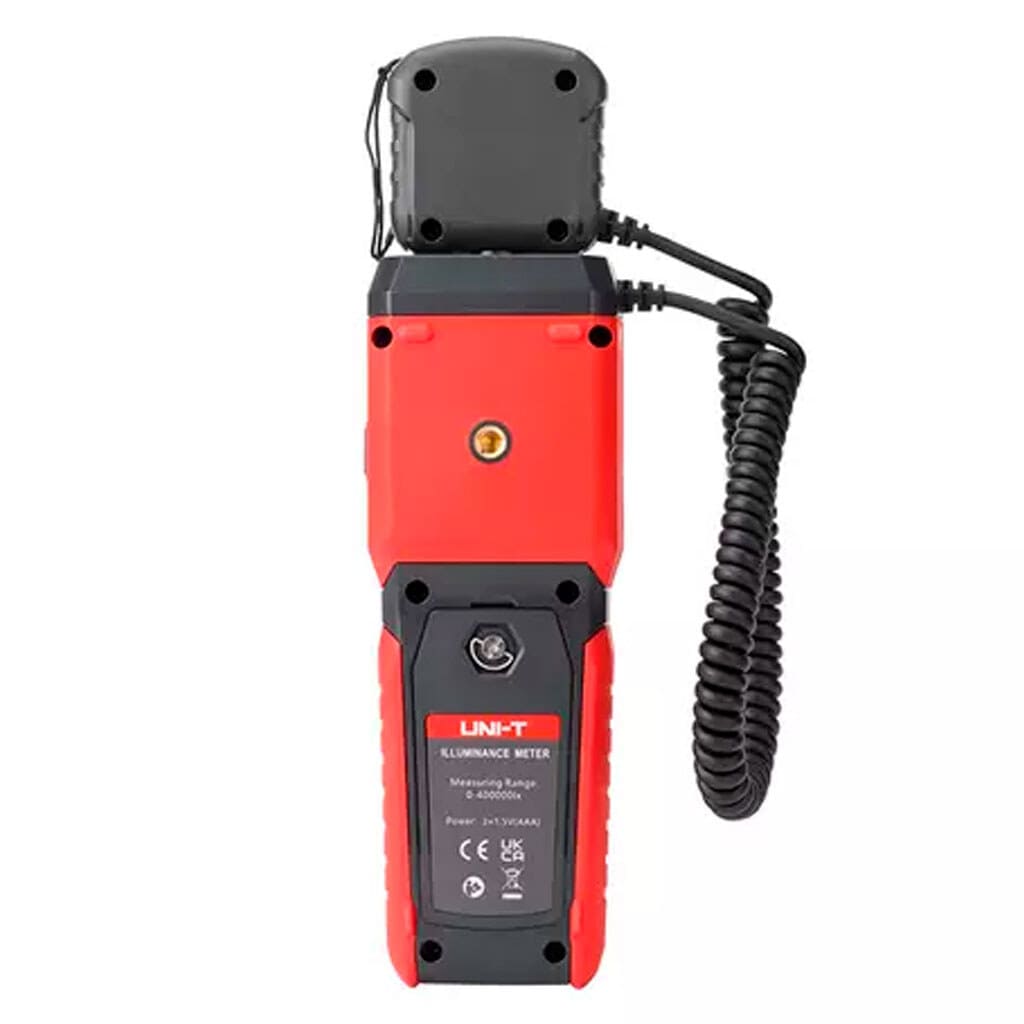 Back side view of UNI-T UT381A lux meter with detachable probe securely mounted, showcasing ergonomic design and accessory placement.