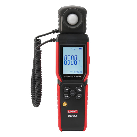 UNI-T UT381A advanced lux meter data logger displaying 8308.1 Lux with connected rotatable probe and probe cover removed.