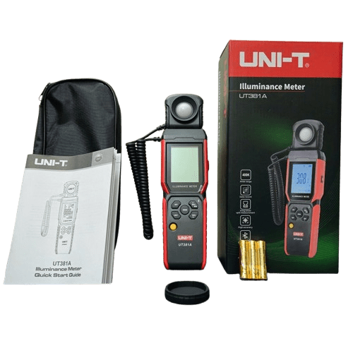 Complete UNI-T UT381A lux meter package with user manual, carrying pouch, probe cover, retail box, and three AAA batteries displayed.