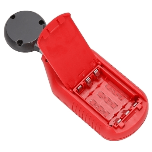 Rear view of the UNI-T UT383 lux meter with the battery cover open, showing the compartment for three AAA batteries.