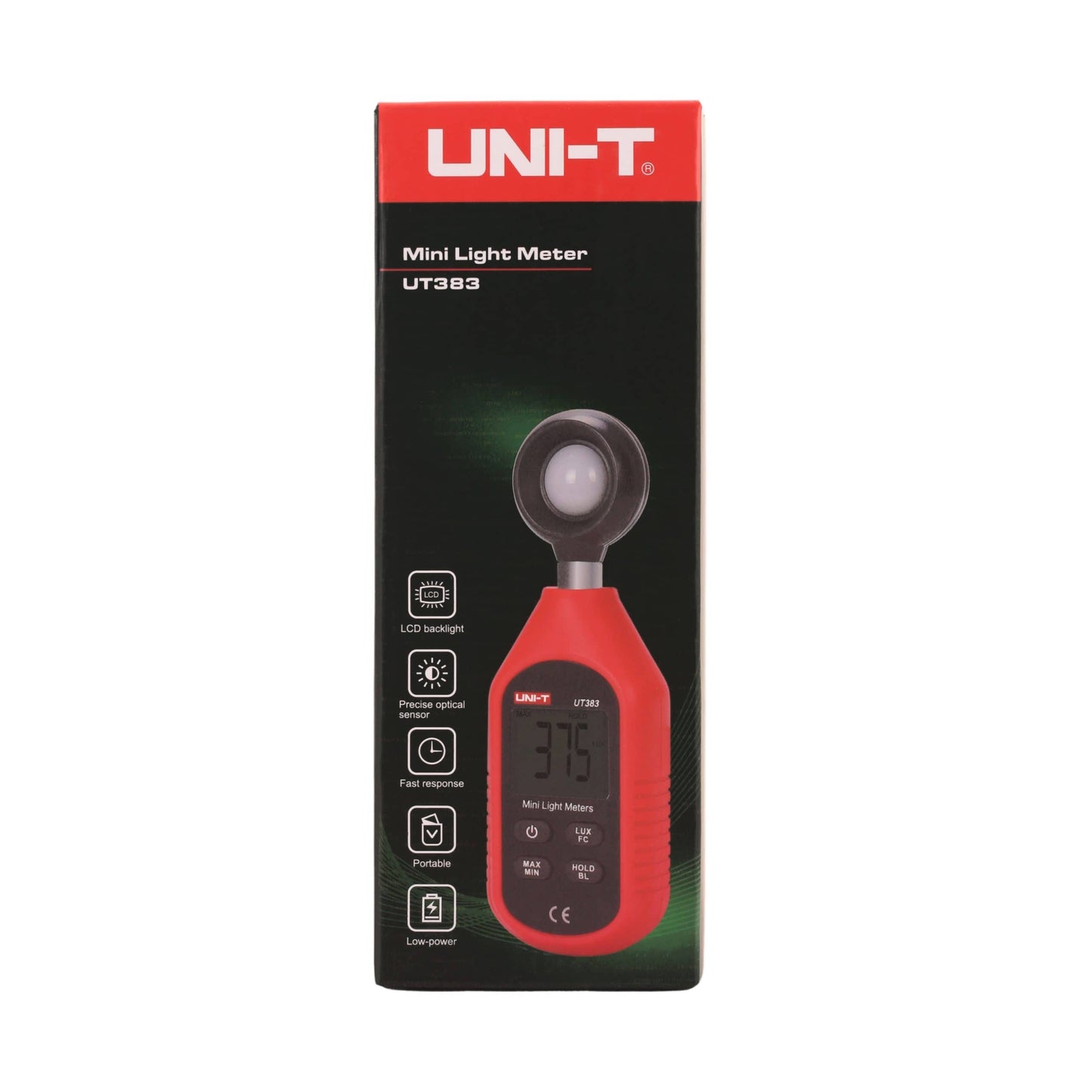 The official packaging for the UNI-T UT383 mini digital light meter, showing the product branding and details.