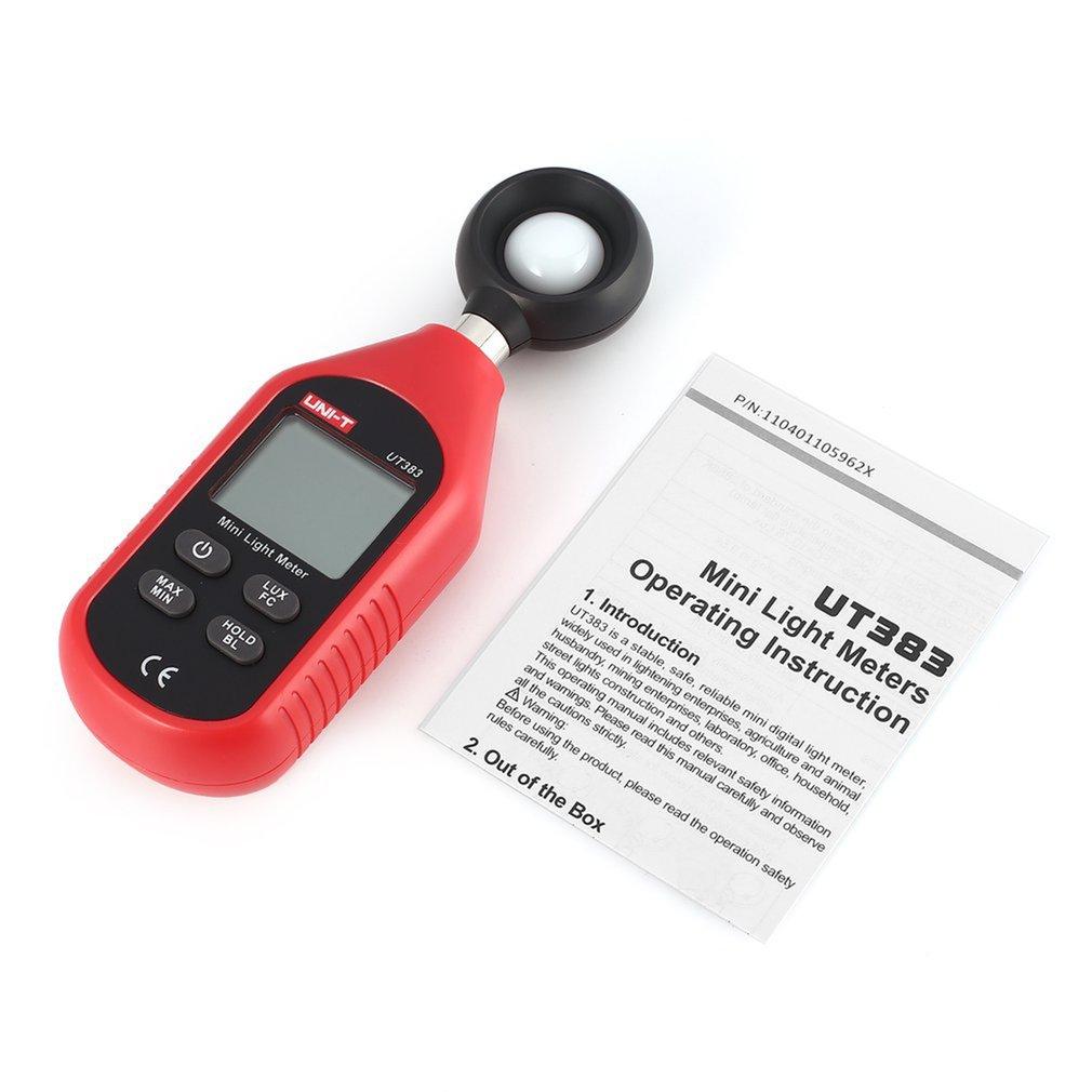 The UNI-T UT383 portable lux meter shown with its official English user manual, highlighting the package contents.