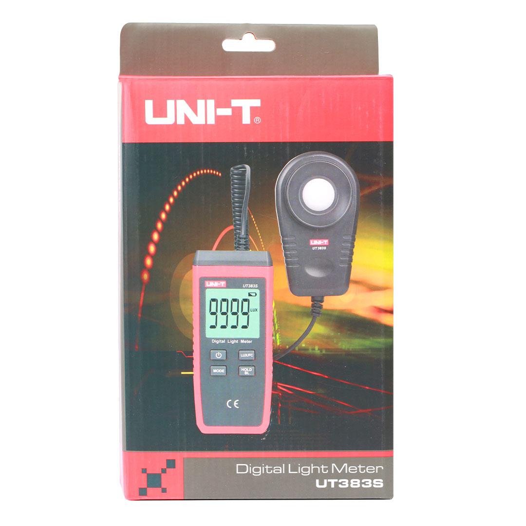 The official red and grey retail box for the UNI-T UT383S digital light meter, highlighting its professional branding.