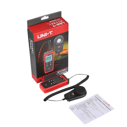 Complete retail package for the UNI-T UT383S datalogging lux meter, showing the device, user manual, and official box.