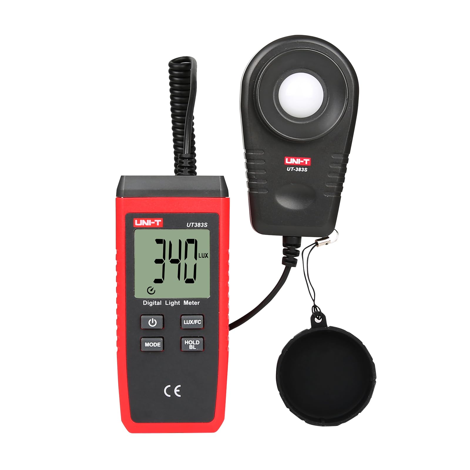 The UNI-T UT383S digital light meter with its split probe connected, displaying a precise illuminance measurement of 340 Lux.