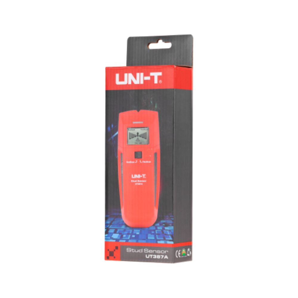 Official retail box packaging for the UNI-T UT387A electric wire and metal detector wall scanner.