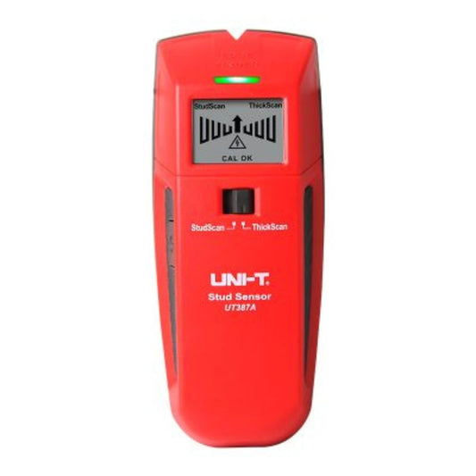 Front view of the UNI-T UT387A 3-in-1 stud finder wall scanner showing the LED indicator and scanning button.