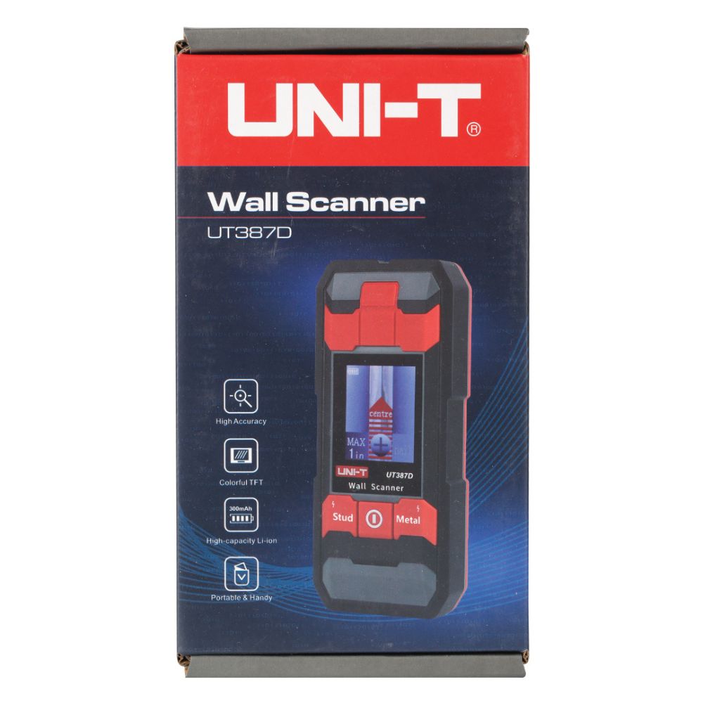 Official retail packaging box for the UNI-T UT387D advanced multi-detector wall scanning tool.
