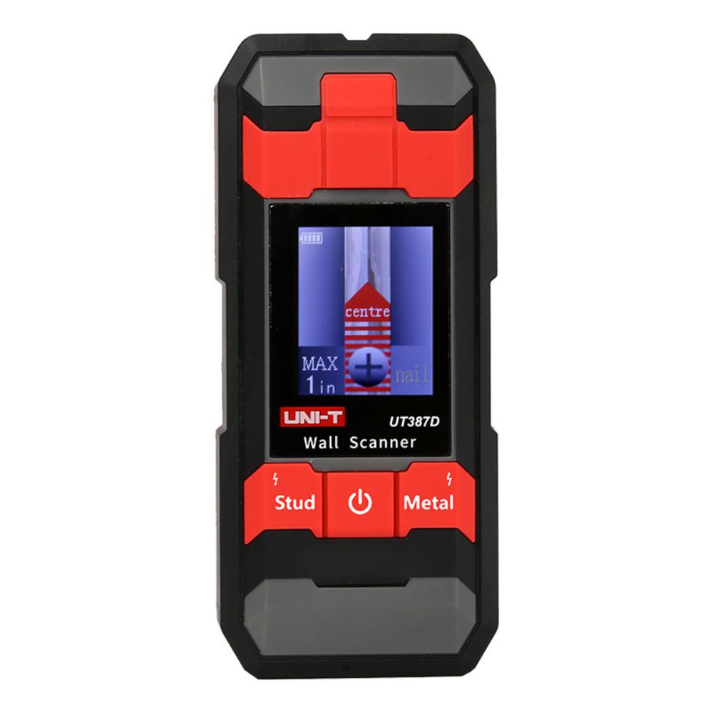 Front view of the UNI-T UT387D deep scan wall scanner showing the digital depth display and voice alert indicator.