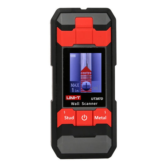 Front view of the UNI-T UT387D deep scan wall scanner showing the digital depth display and voice alert indicator.