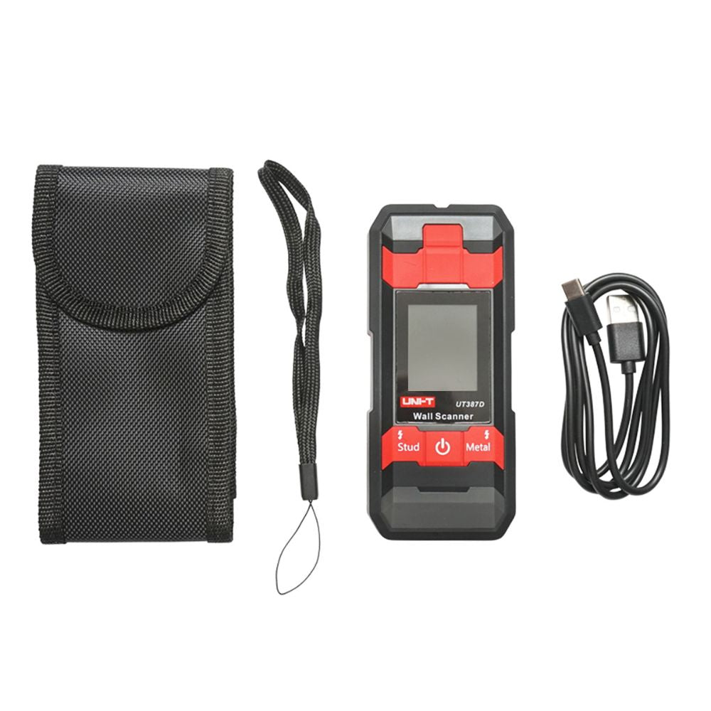 Full set of the UNI-T UT387D rechargeable stud finder, including the main detector unit, Li-ion battery, and USB charging cable.