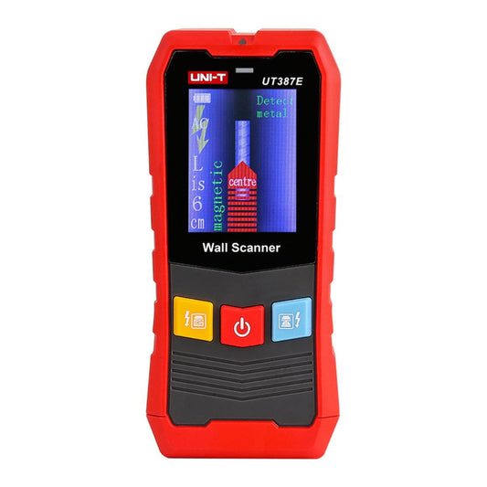 Front view of the UNI-T UT387E advanced wall scanner with LCD depth display and voice alert system.