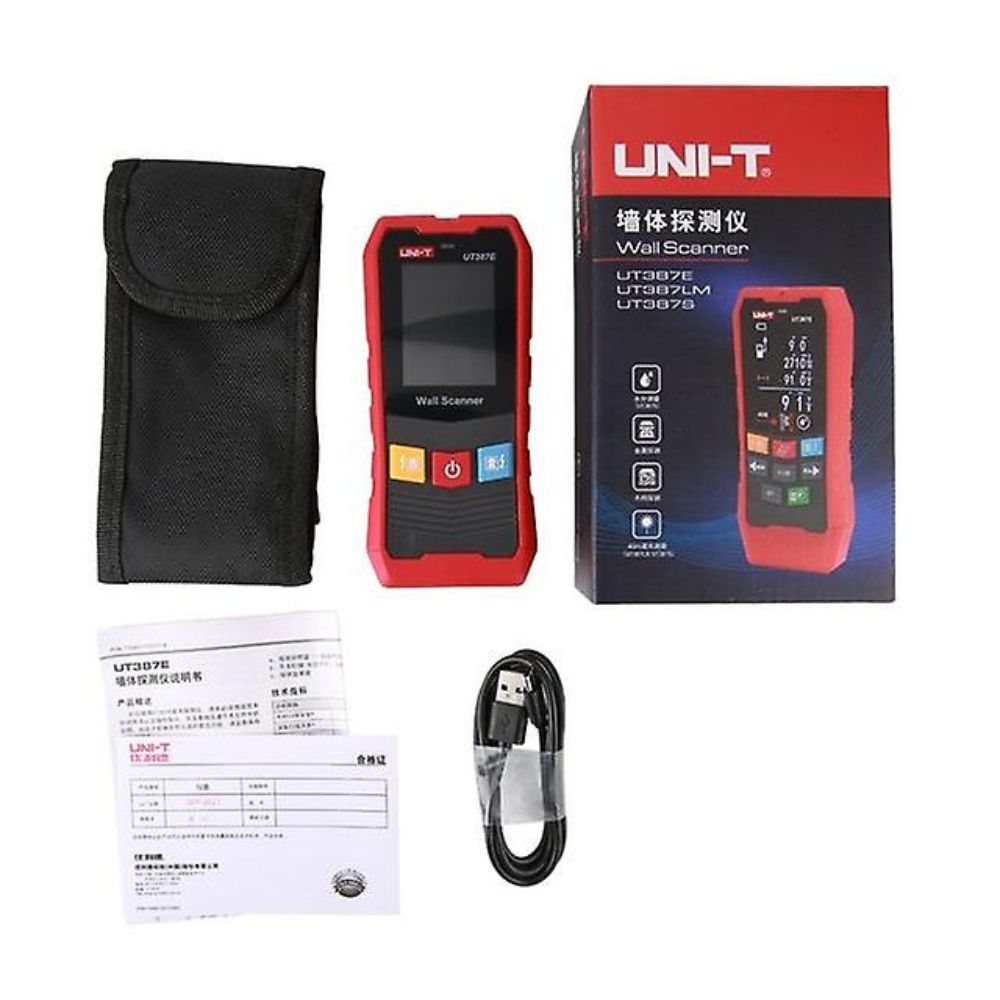 Full set of the UNI-T UT387E multi-detector wall scanner including the main unit, rechargeable Li-ion battery, and USB charging cable.