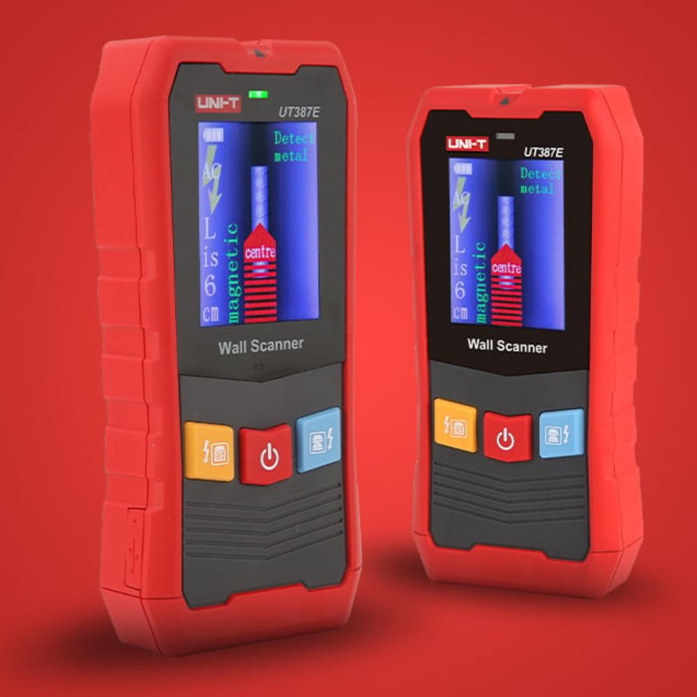 Side profile of the UNI-T UT387E deep scan wall scanner showing its ergonomic body for professional construction use.