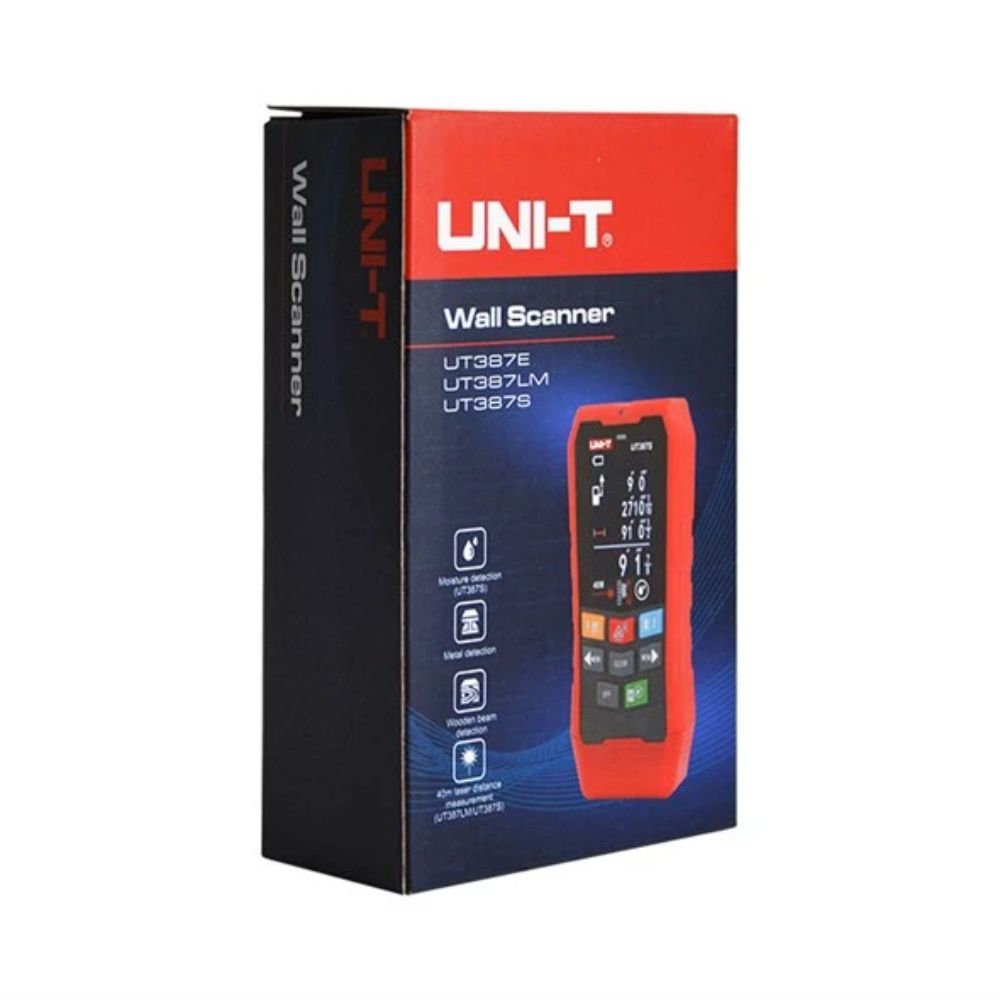 Official retail packaging box for the UNI-T UT387LM wall scanner with integrated laser distance measurement tool. 