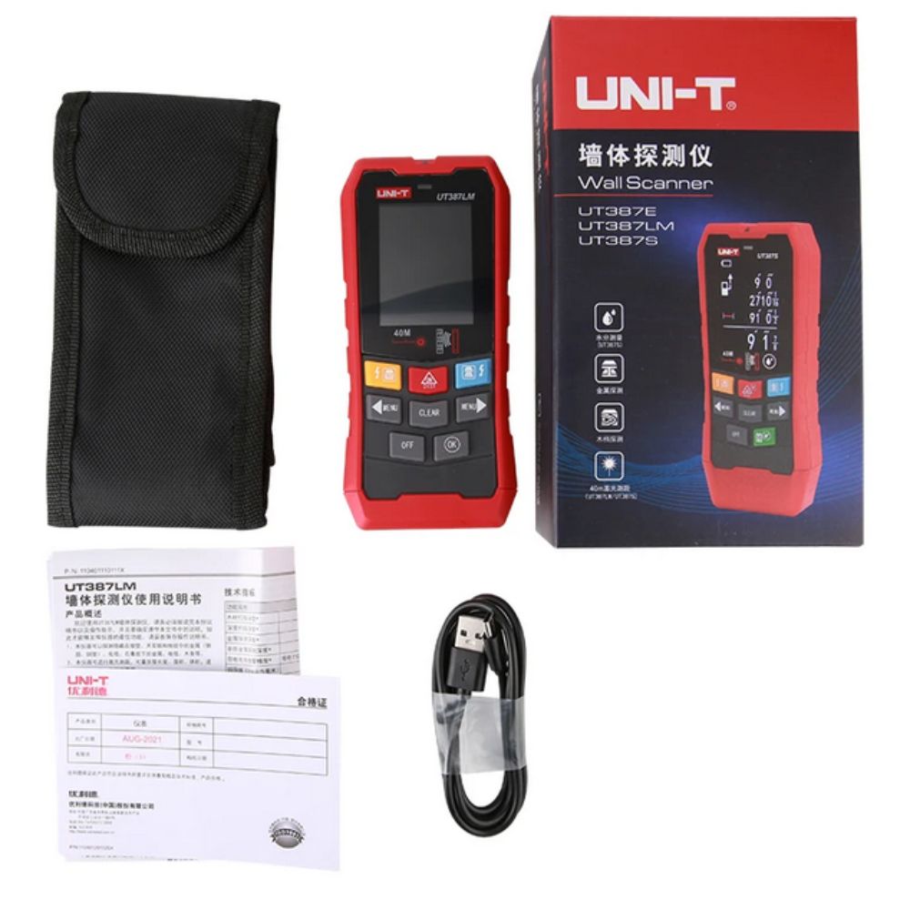 Full set of the UNI-T UT387LM laser stud finder, including the main unit, rechargeable Li-ion battery, and USB charging cable.