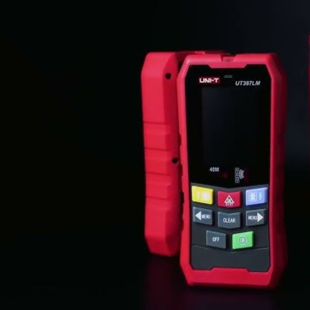 Side profile of the UNI-T UT387LM wall detector and integrated laser measurer, designed for fit-out and renovation professionals.