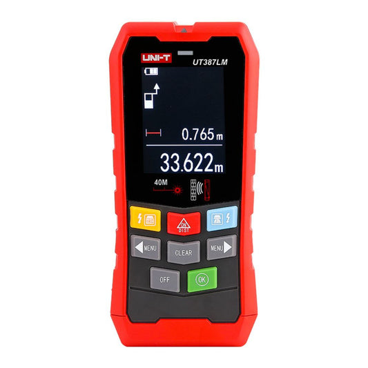 Front view of the UNI-T UT387LM wall scanner with built-in laser distance measurer and deep scan LCD display.