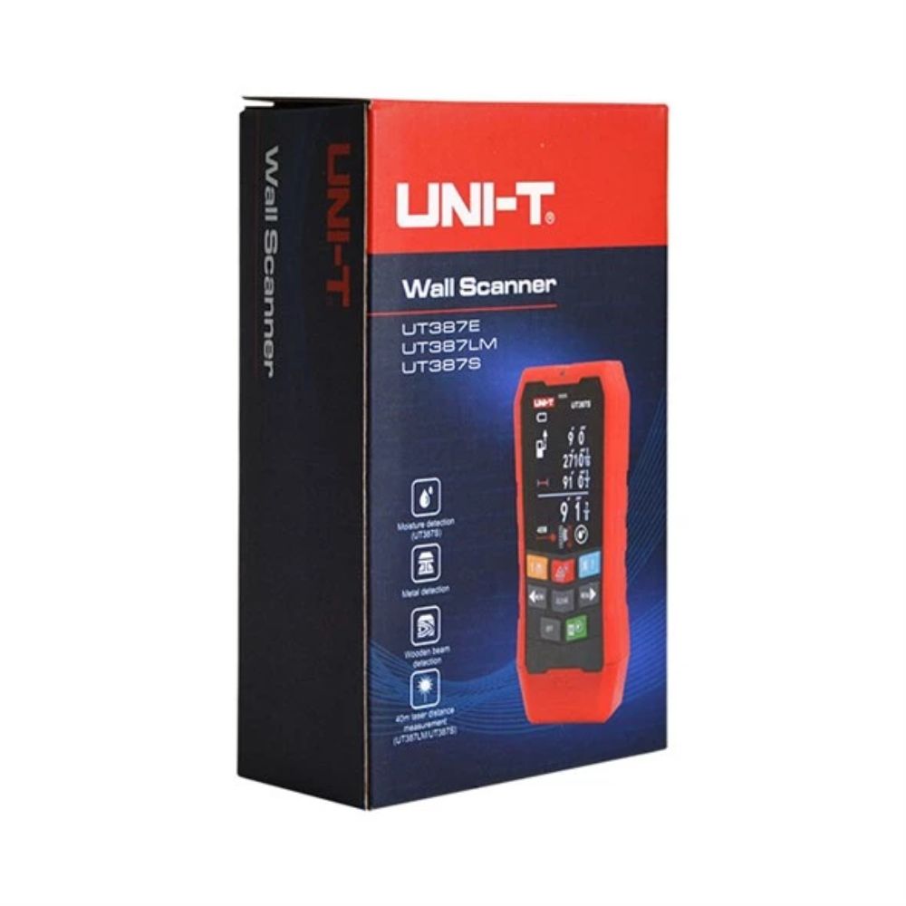 Official retail packaging box for the UNI-T UT387S 5-in-1 wall scanner with laser distance measurer and wood moisture detector.