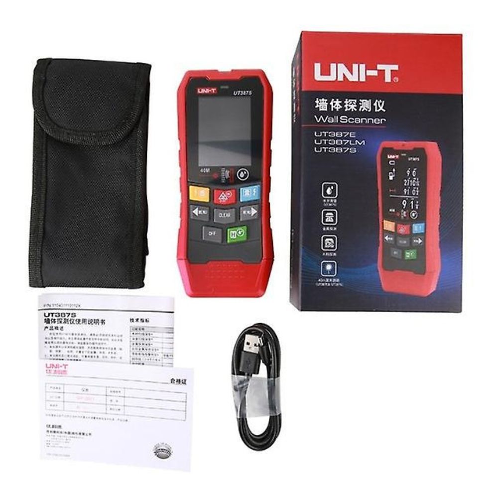 Full set of the UNI-T UT387S laser and moisture wall scanner, including the main unit, rechargeable Li-ion battery, and USB charging cable.