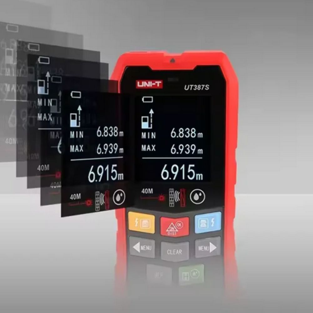 Multiple LCD display modes of the UNI-T UT387S showing readouts for deep metal scanning, laser distance measurement, and wood moisture content.
