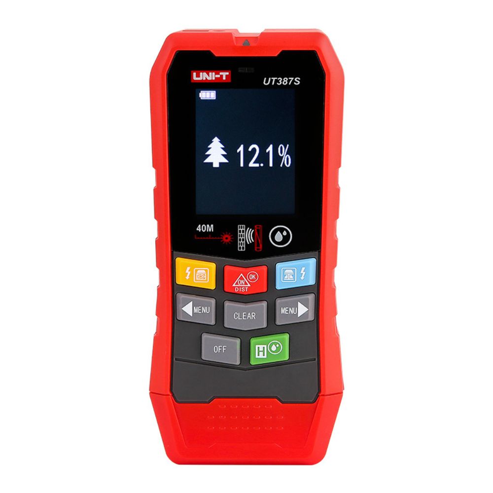 Front view of the UNI-T UT387S wall scanner with built-in laser distance measurer and wood moisture detector.