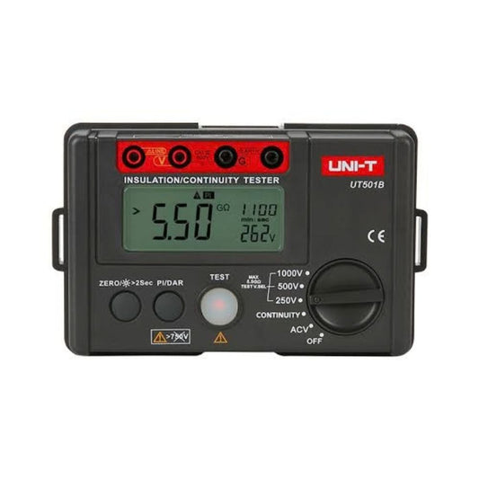 UNI-T UT501B digital insulation resistance tester front view showing LCD display and rotary voltage selector