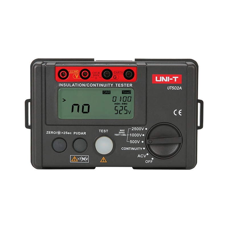 The UNI-T UT502A digital insulation tester powered on, displaying a 525V reading in 500V test mode with no test leads connected.