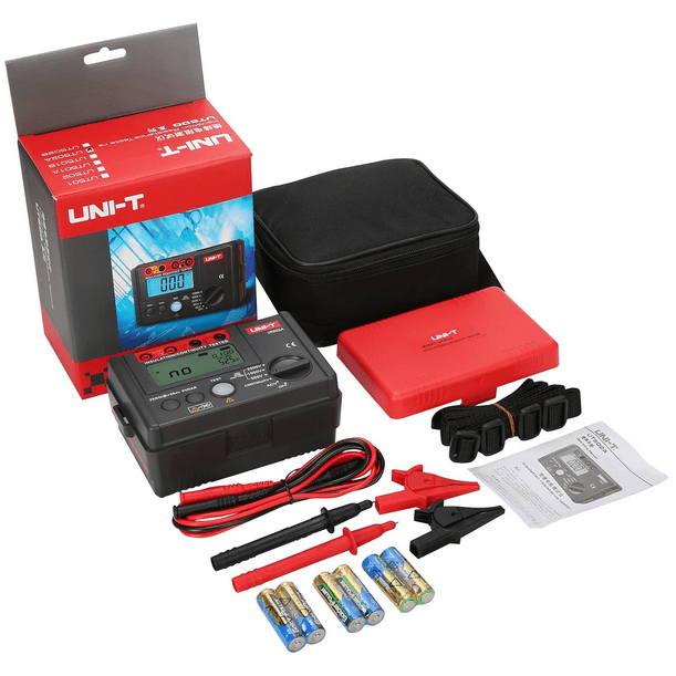 The complete UNI-T UT502A insulation resistance tester kit, including the main unit, test leads, clips, protective pouch, batteries, and user manual.