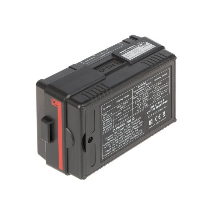 Close-up rear view of the UNI-T UT502A insulation tester, showing product labels, safety markings, and technical warning information.