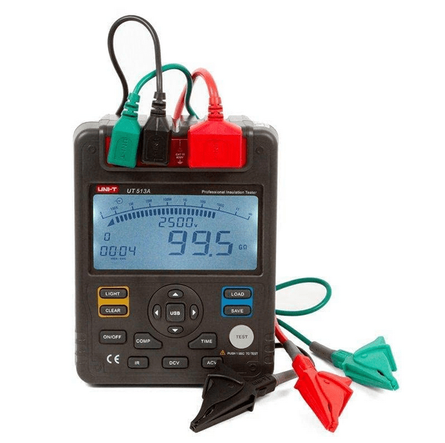 UNI-T UT513A high voltage insulation tester with test leads connected, 2500V measuring range selected, displaying 99.5 gigaohm insulation resistance reading, advanced megohmmeter