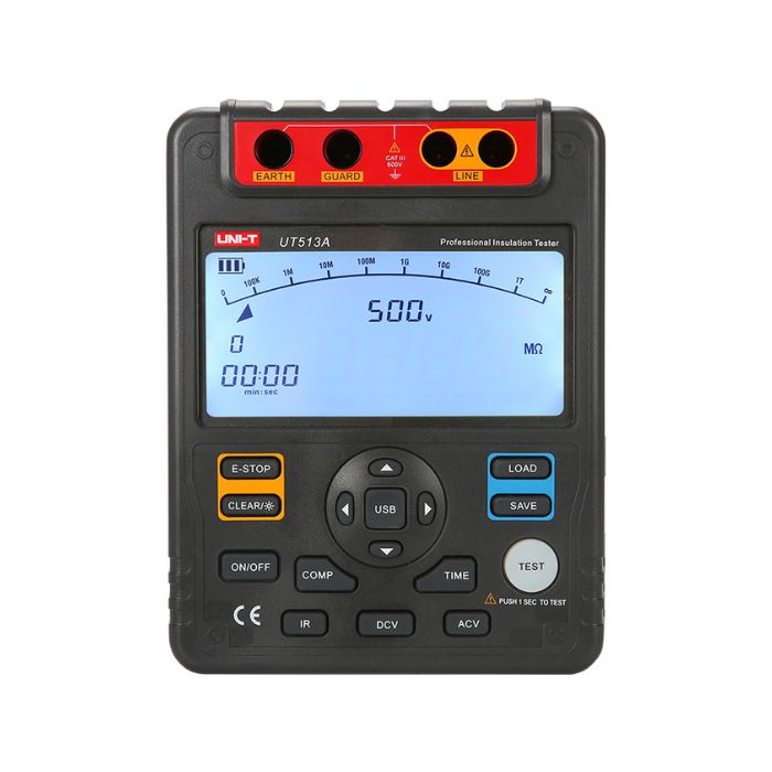 UNI-T UT513A high voltage insulation tester powered on, no test leads connected, 500V test voltage range selected, ready for insulation resistance measurement, digital megohmmeter