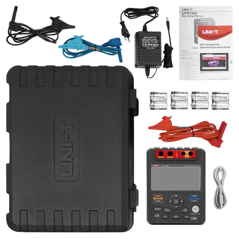 Complete UNI-T UT513A high voltage insulation resistance tester kit with full accessories: test leads, user manual, calibration certificate, charger, batteries, and USB communication cable