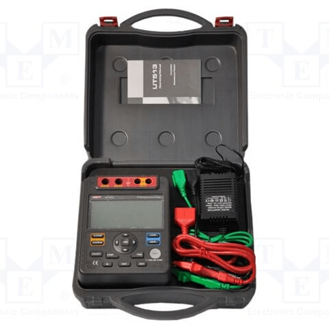 UNI-T UT513A high voltage insulation tester snugly packed inside rugged carrying case with test leads and charger, portable insulation resistance meter for field use